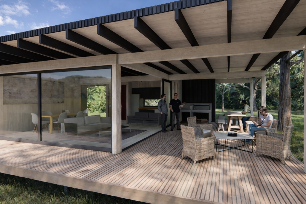 Vivienda rural moderna en sector Los Riscos Pucón, diseño arquitectónico BIM desarrollado por arquitecto en el sur de Chile