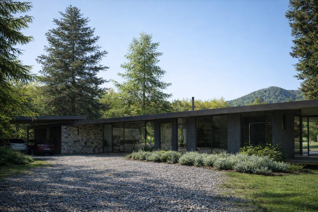 Diseño de vivienda unifamiliar en parcela de Pucón con arquitectura moderna y materiales naturales