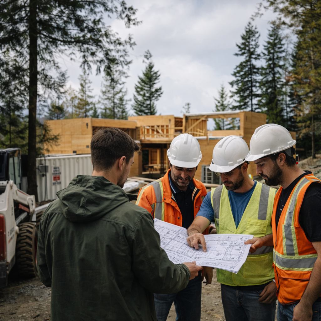 Construcción de vivienda moderna en Pucón con grandes ventanales y terrazas